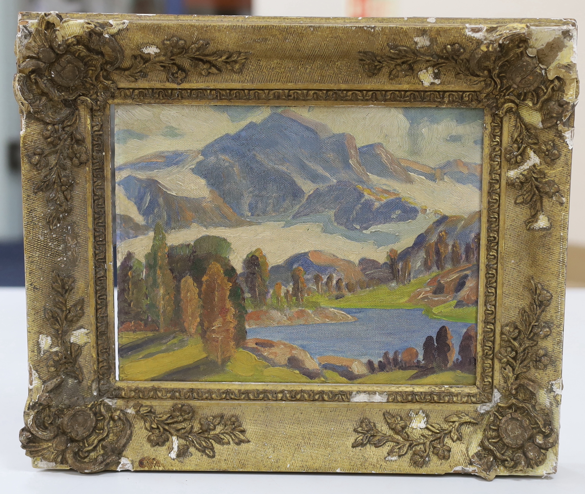 US School, oil on board, American Mountains, inscriptions verso, 25 x 19.5cm